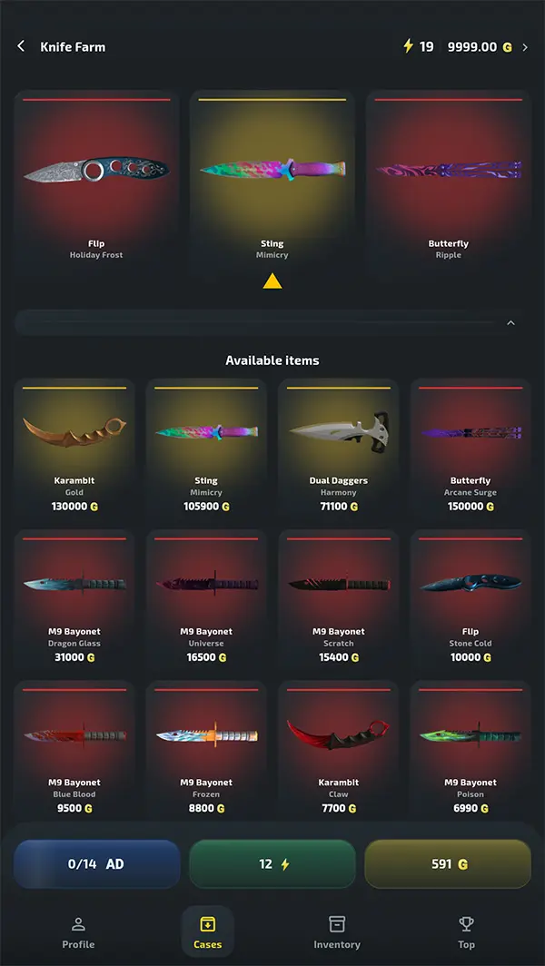 Inventory in the Standoff 2 case simulator