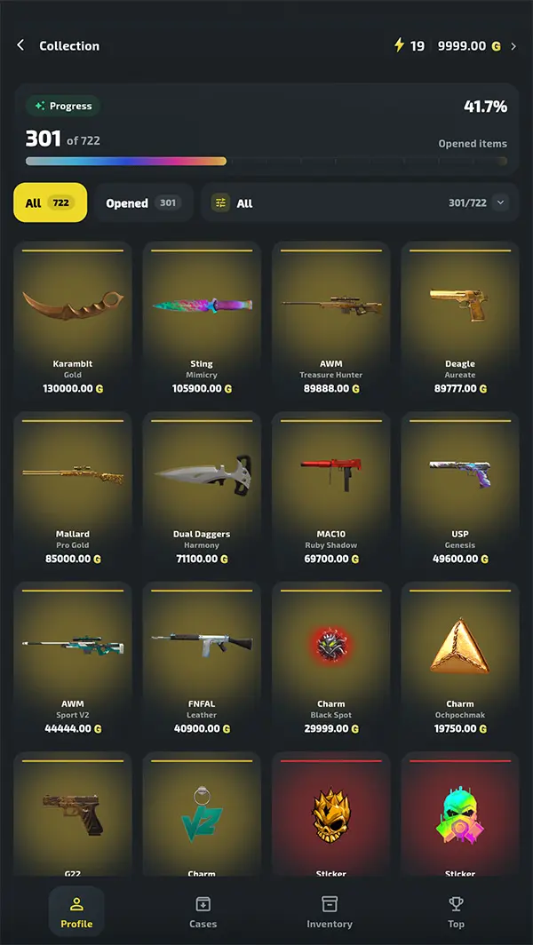 Collection and account progress in the Standoff 2 case simulator